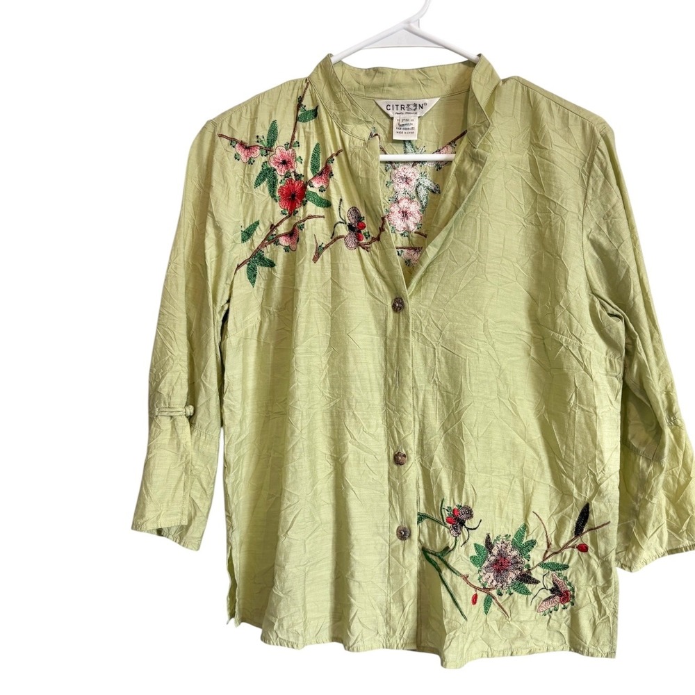 Citron Santa Monica Blouse Sz Small P Green Crinkle Floral Embroidered *Flaws*